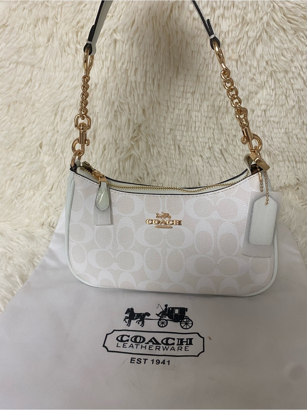 Coach White Signature Jacquard Shoulder Bag with Gold Hardware